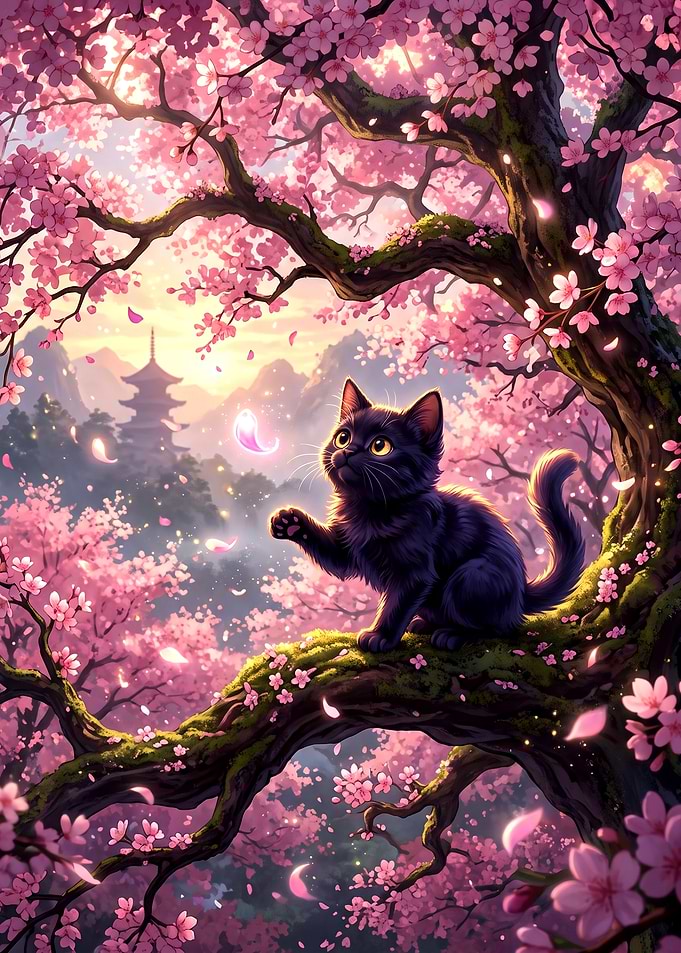 Black Cat in Cherry Blossom Tree