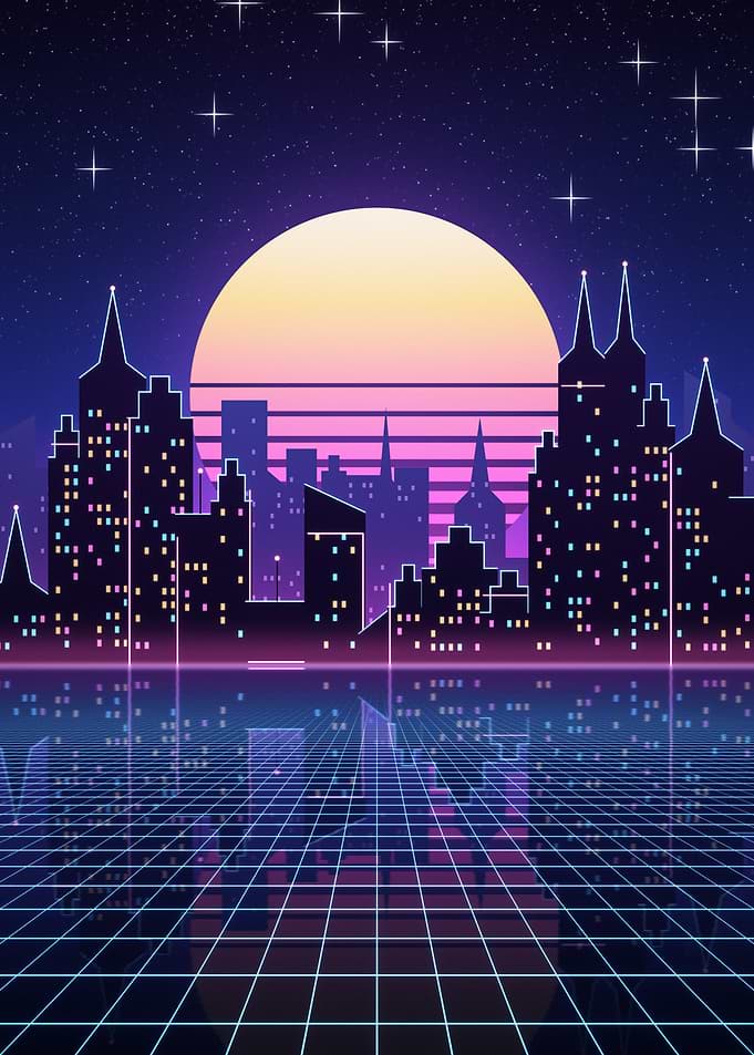 Neon City Skyline Synthwave Retro Sunset Art