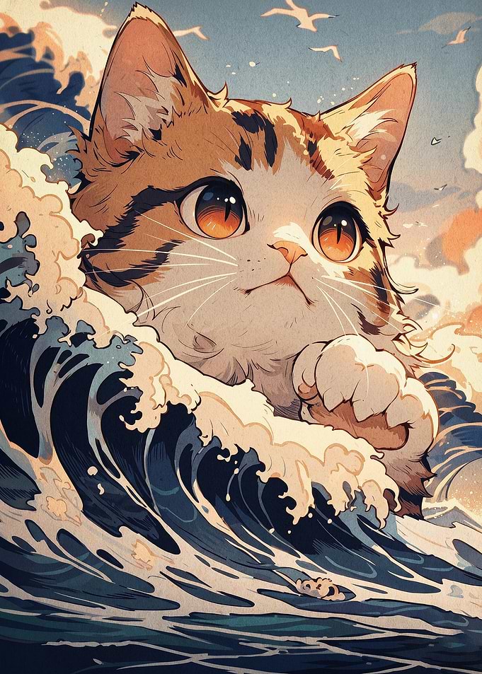 Samurai Cat Ocean Wave Retro Poster
