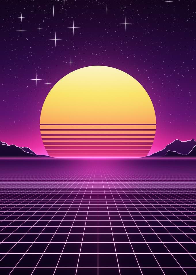 Synthwave Neon Sun Over Retro Grid Poster