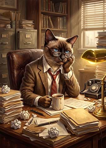 Tired Siamese Cat Office Worker