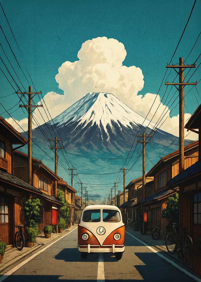 Fuji Mountain Retro Van Japan Art
