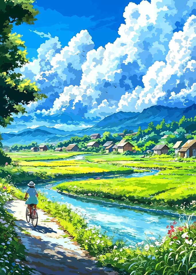 Anime Style Rural Landscape with Cyclist