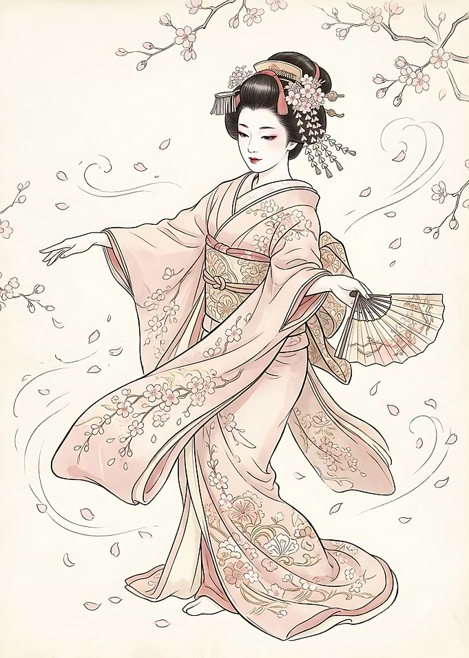 Elegant Geisha in Cherry Blossom Garden