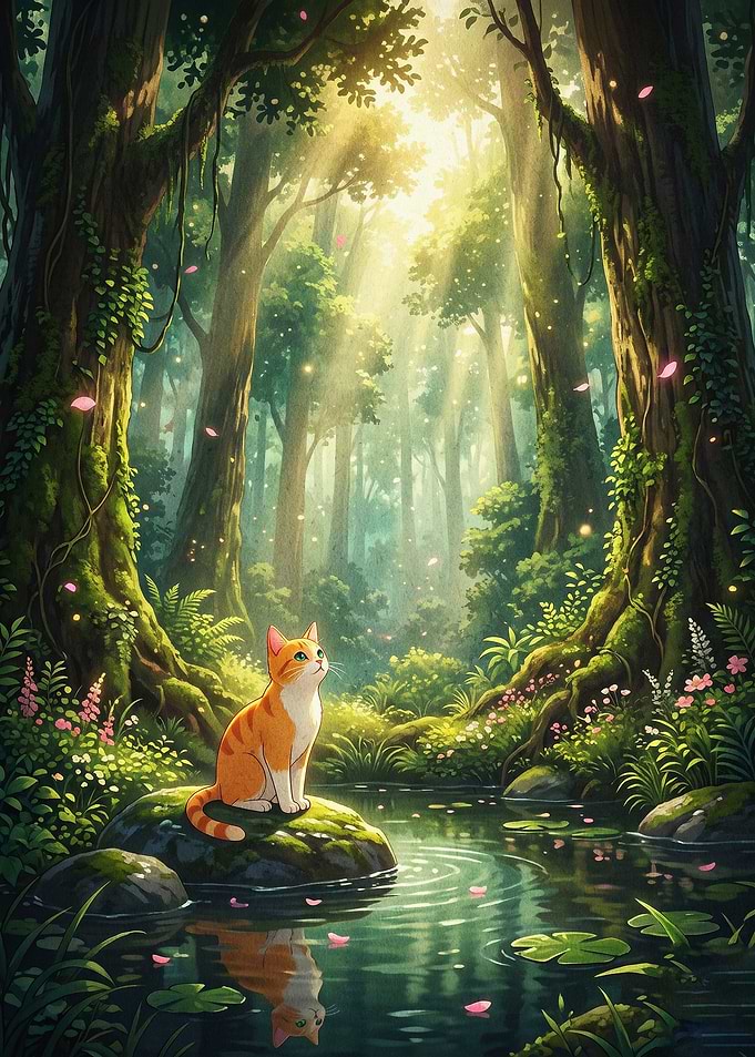Cat Forest Pond Fantasy Art