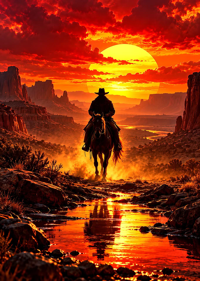 Lone Cowboy Riding at Sunset