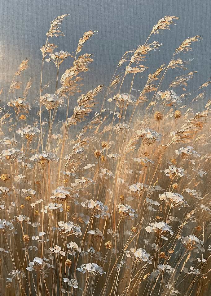 Golden Wild Grasses Swaying Under a Soft Blue Sky, Impressionist Meadow Painting