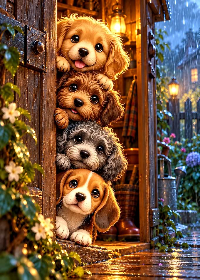 Four Adorable Puppies Stacked Together