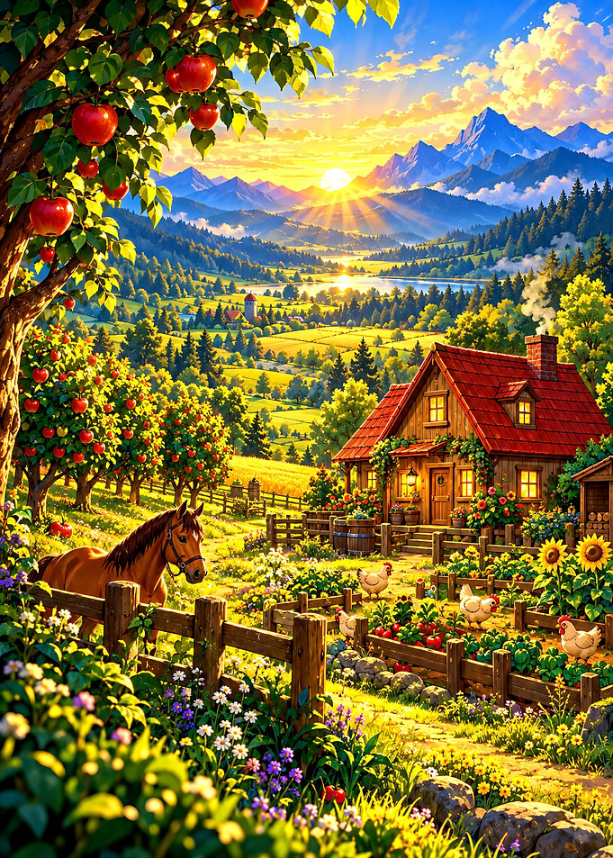 Stardew Valley Idyllic Farmhouse at Sunset