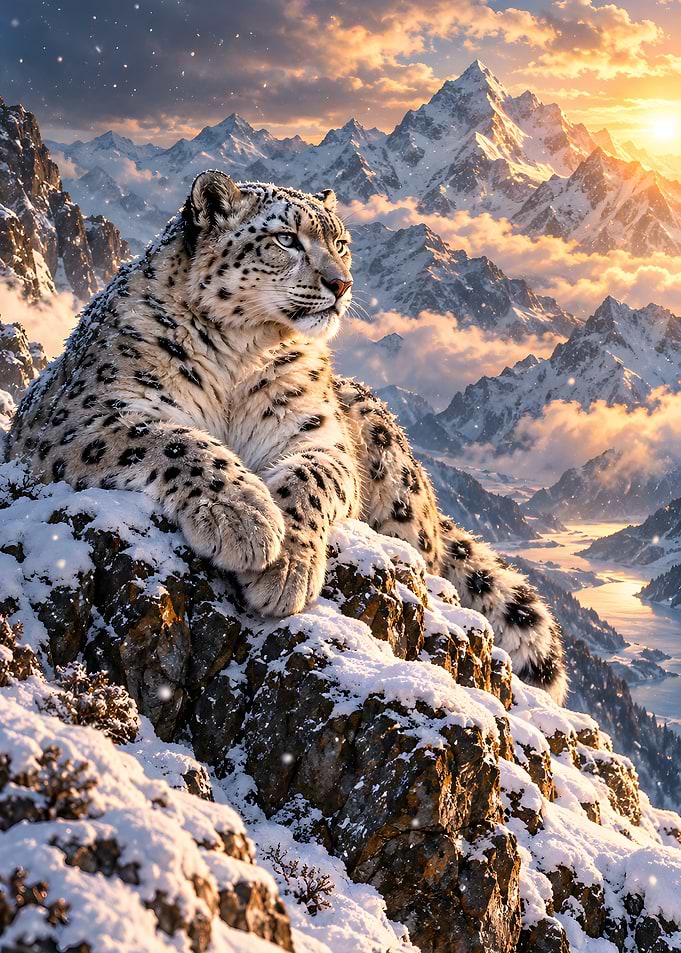 Snow Leopard Resting On Snowy Mountain Rock