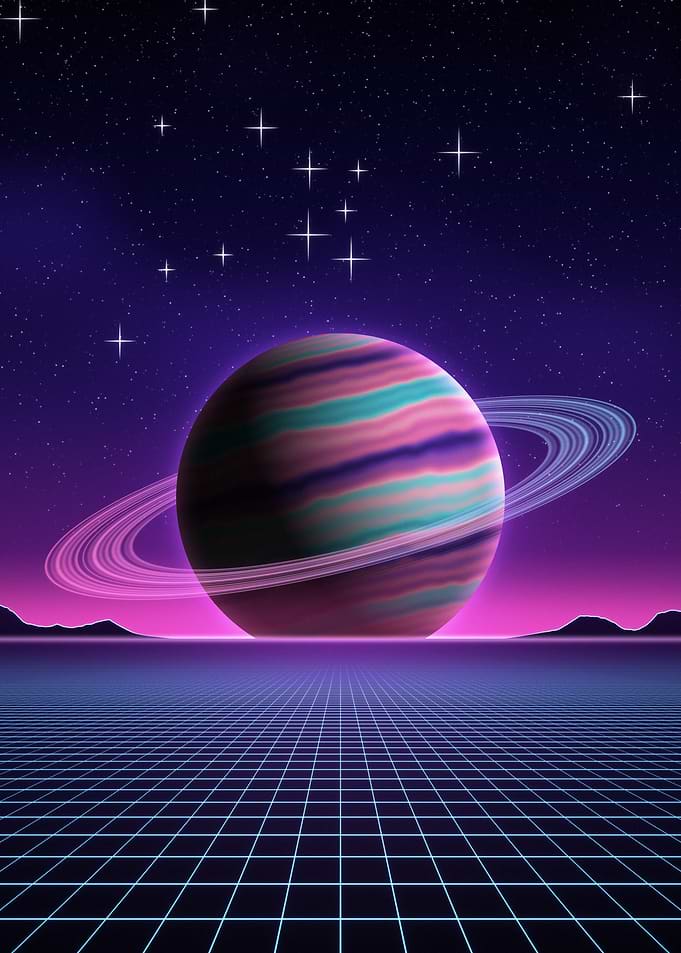Ringed Planet Rise Synthwave Space Poster