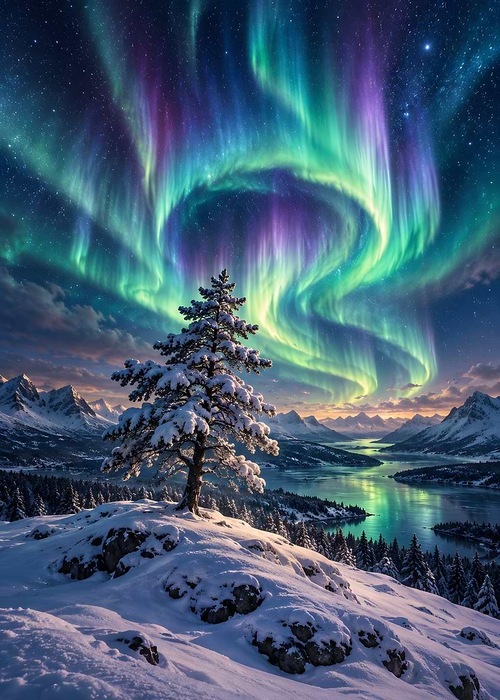 Lone Snowy Pine Tree Under Northern Lights