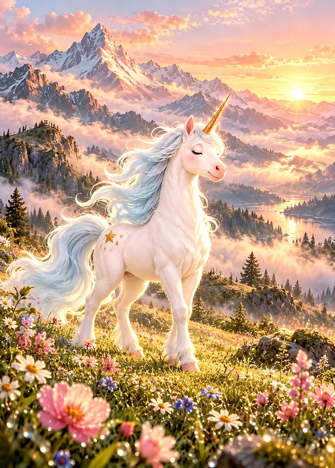 Majestic Unicorn in Mountain Meadow