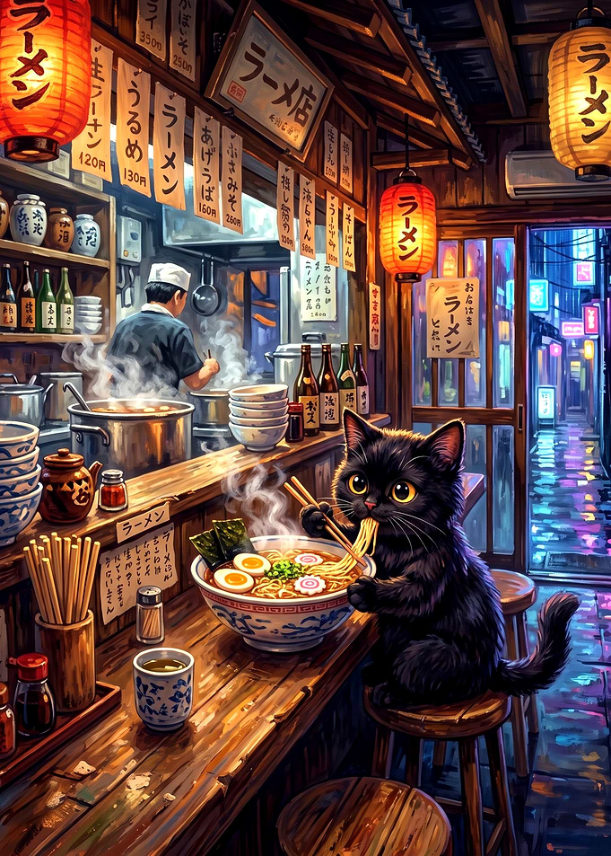Black Cat Eating Ramen in Shop