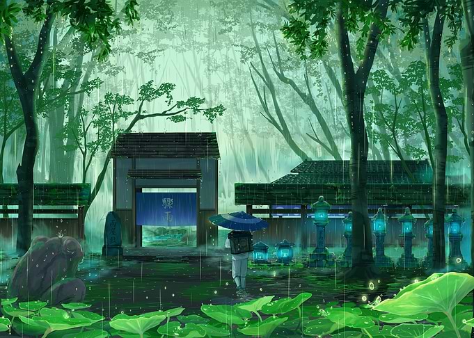 Person with Umbrella in Rainy Shrine