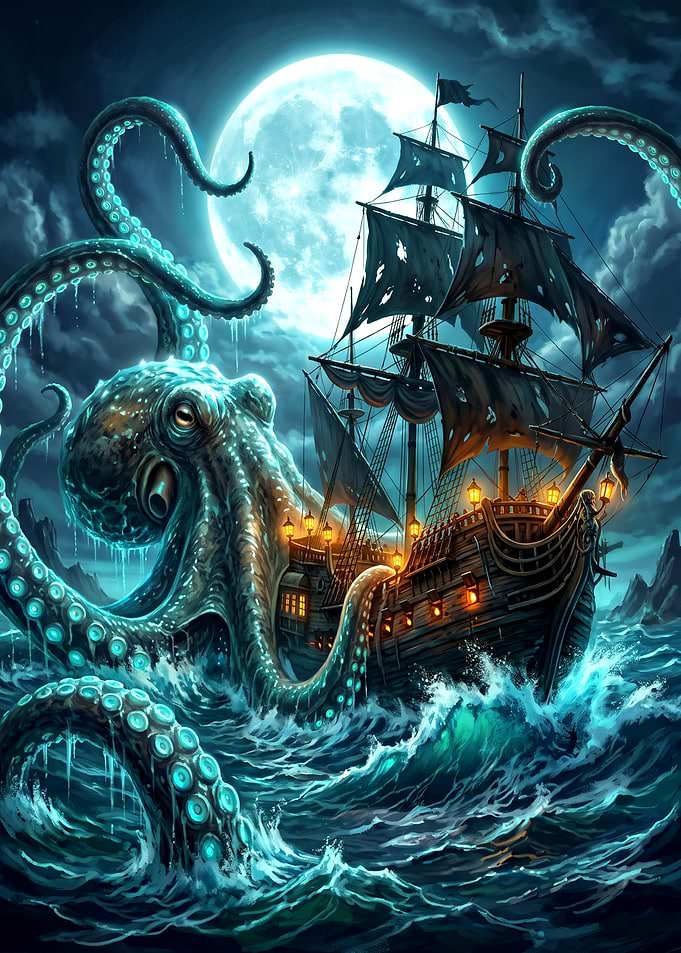 Giant Kraken Attacking Pirate Ship