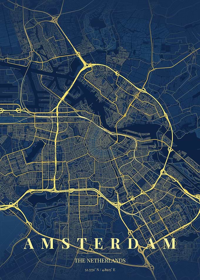 Amsterdam City Map Gold and Blue