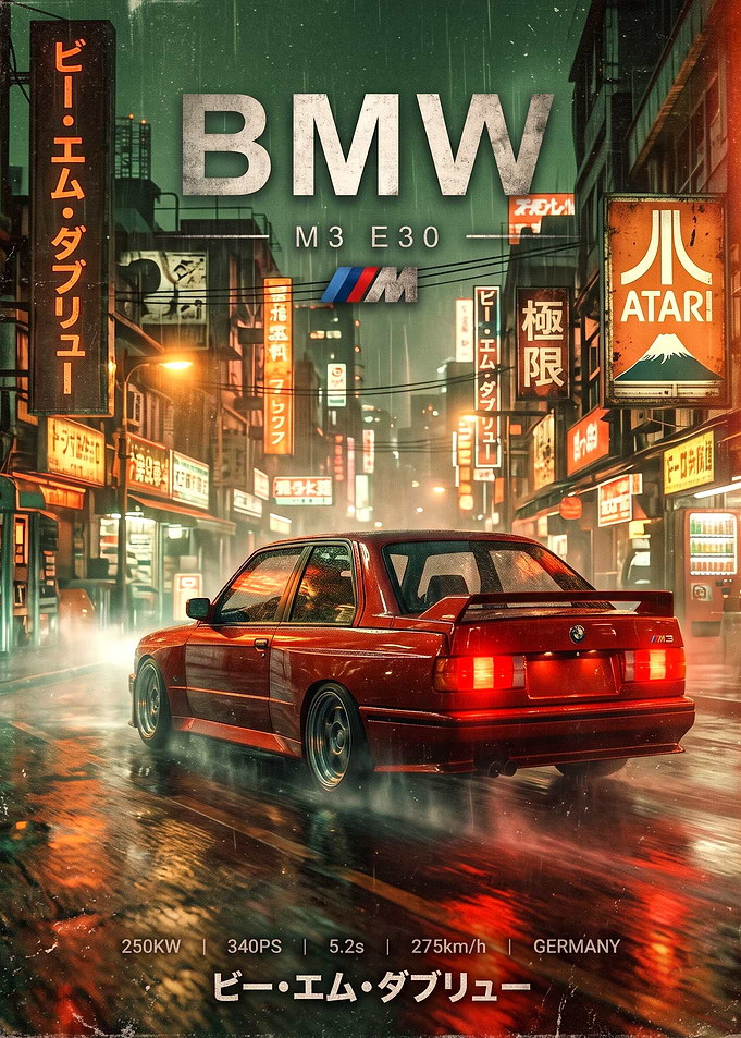 BMW M3 E30 Cyberpunk Street Poster