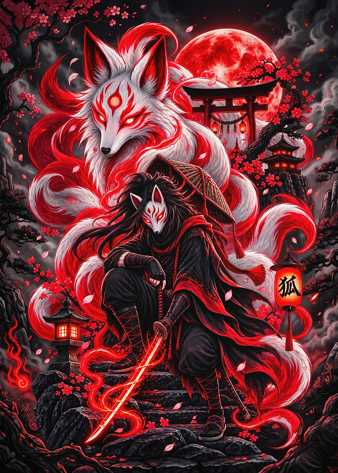 Kitsune Samurai Red Moon Japanese A