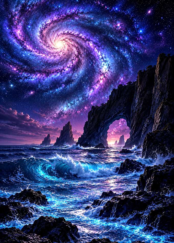 Cosmic Galaxy Over Rocky Seascape