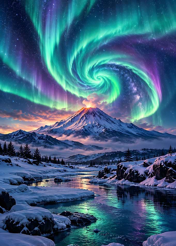 Swirling Aurora Over Snowy Volcano River