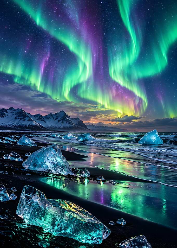 Northern Lights Over Black Sand Ice Beach