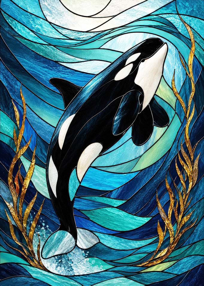 Stained Glass Orca Whale Art