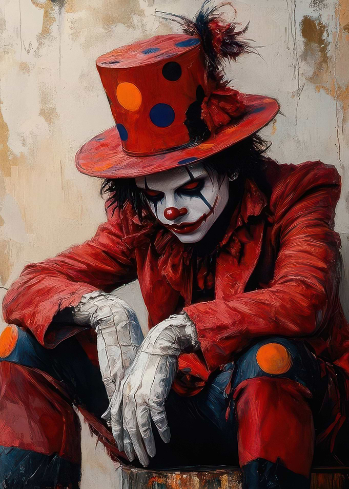 Melancholy Clown in Red Suit