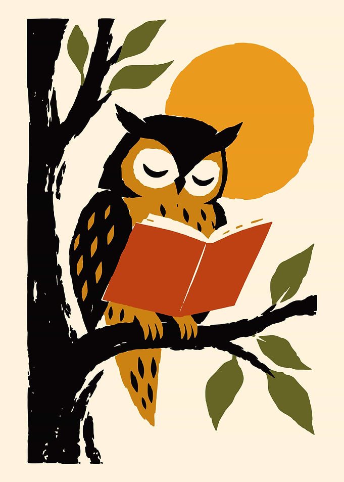 Wise Owl Reading a Book