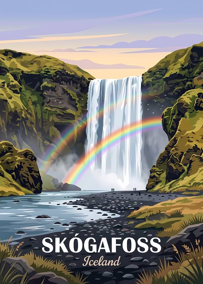 Skógafoss Waterfall Travel Poster
