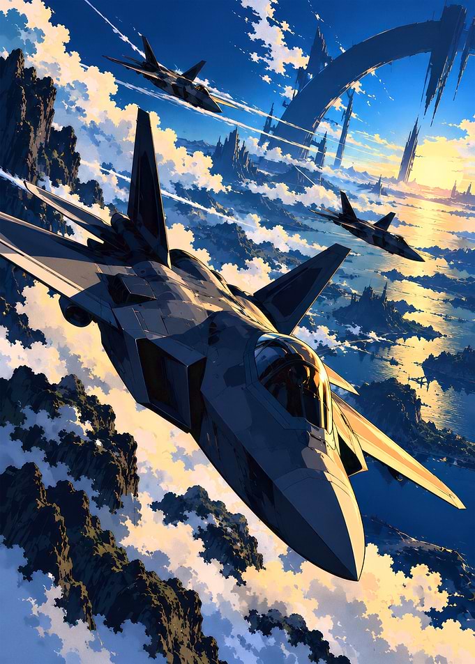 F-22 Raptors Over Fantasy Landscape