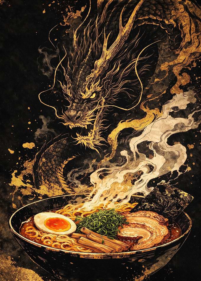 Dragon Ramen Golden Art Poster