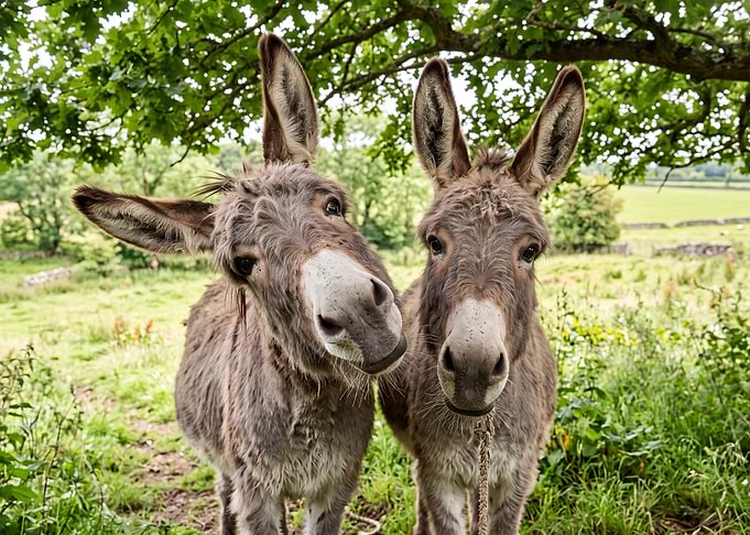 Two Curious Donkeys in a Field