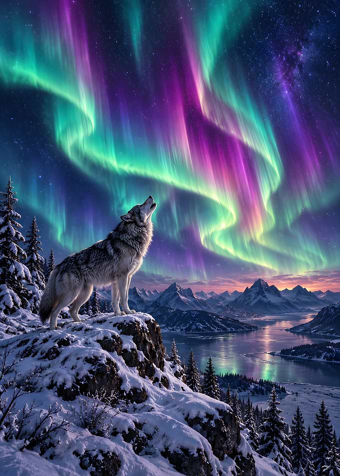 Howling Wolf Under Northern Lights