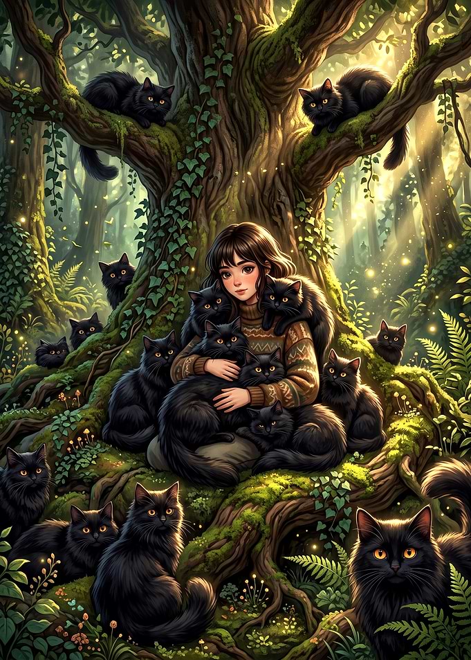 Girl Surrounded by Many Black Cats