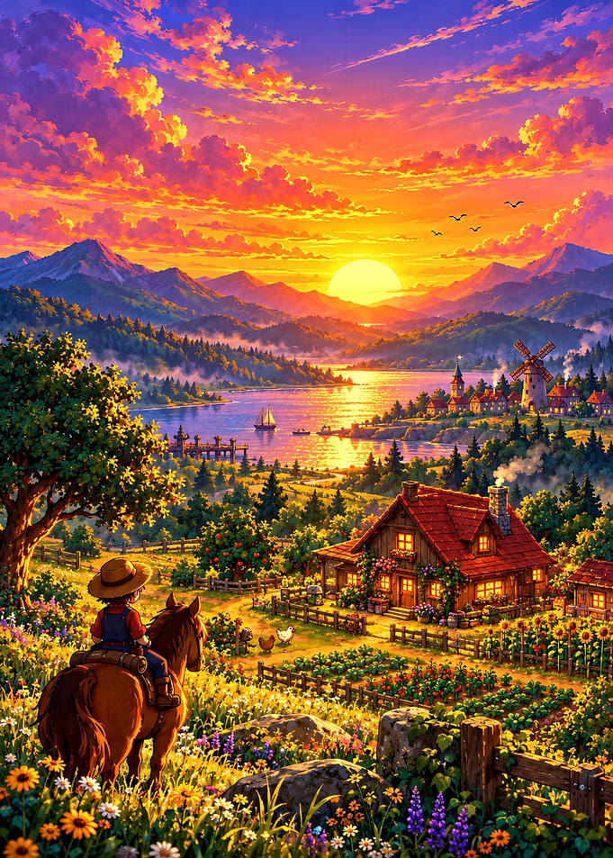 Stardew Valley Idyllic Farmhouse Sunset Landscape
