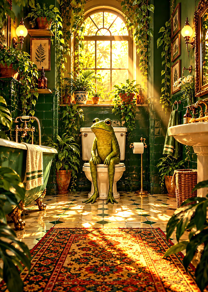 Frog Sitting on Toilet in Bathroom