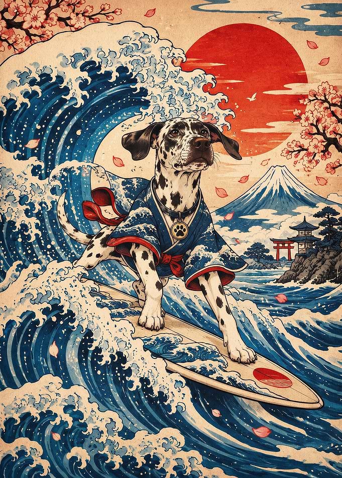 Dalmatian Surfing Japan Wave Art
