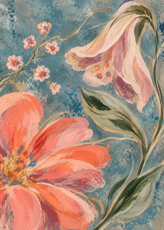 Abstract Floral Painting with Pink Flowers