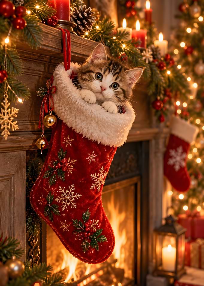 Kitten Inside Christmas Stocking Fireplace