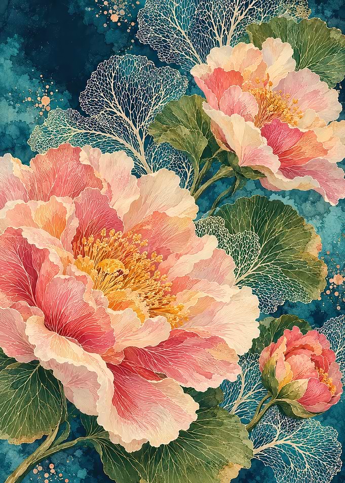 Elegant Pink Peonies on Teal Background