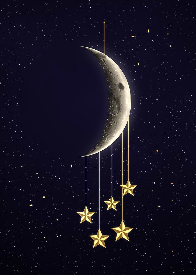 Crescent Moon With Hanging Gold Stars Print