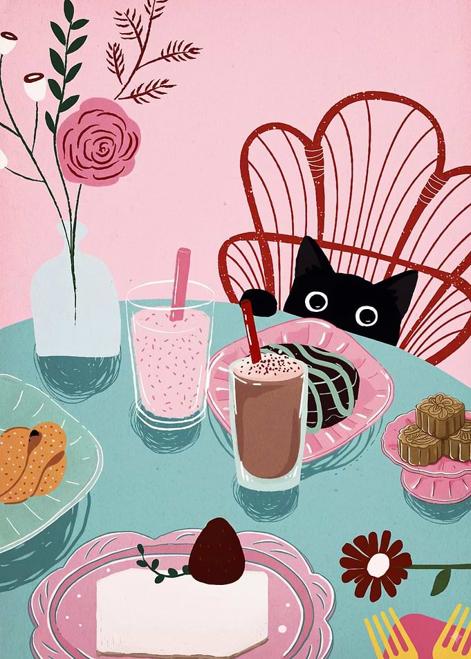 Cute Black Cat Having Afternoon Tea