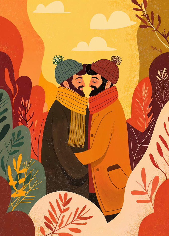 Two Bearded Men Embracing Among Autumn Leaves