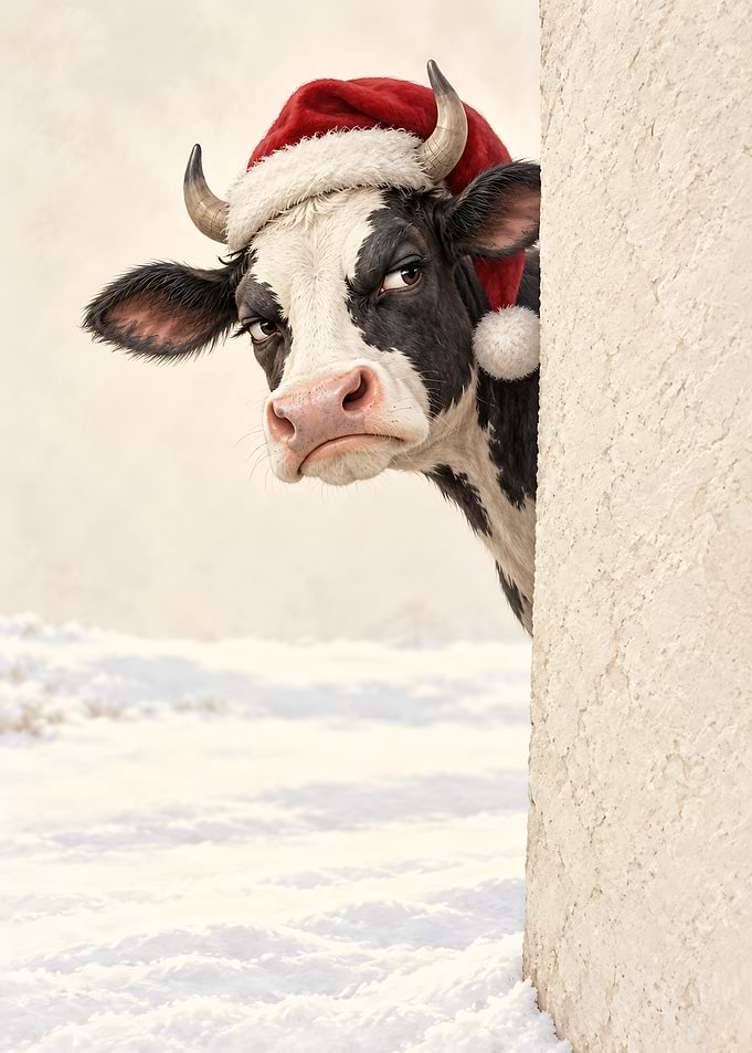Grumpy Cow Wearing Santa Hat
