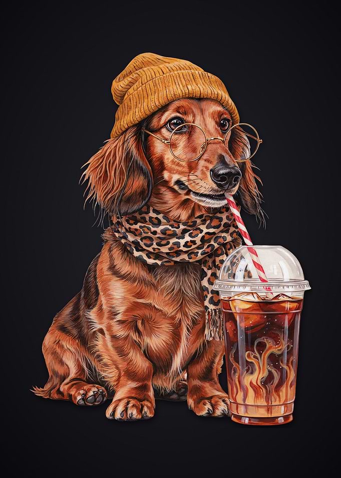 Long Haired Dachshund with Iced Coffee