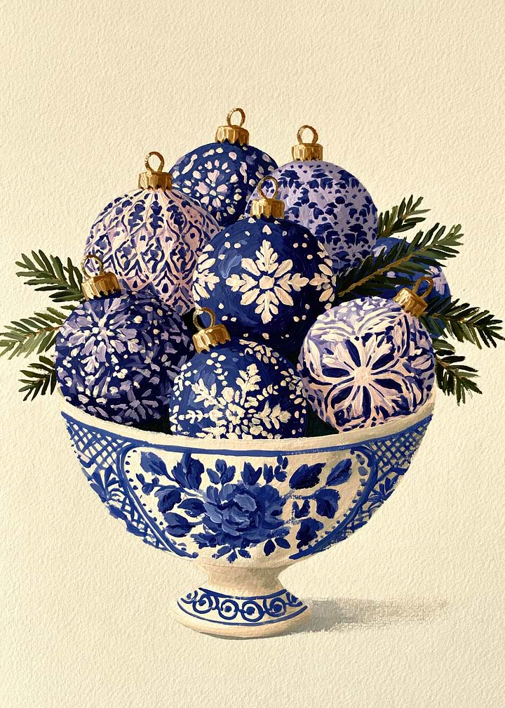 Blue and White Porcelain Bowl Filled with Blue Christmas Ornaments, Chinoiserie Holiday Art