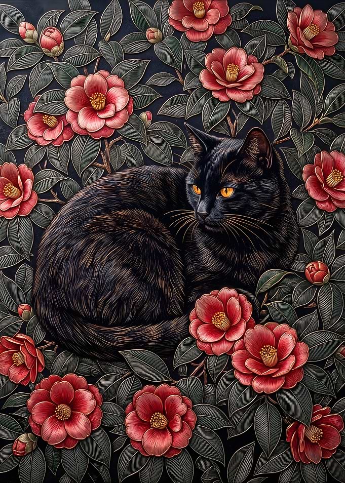 Black Cat Among Red Camellias Japanese Wall Art