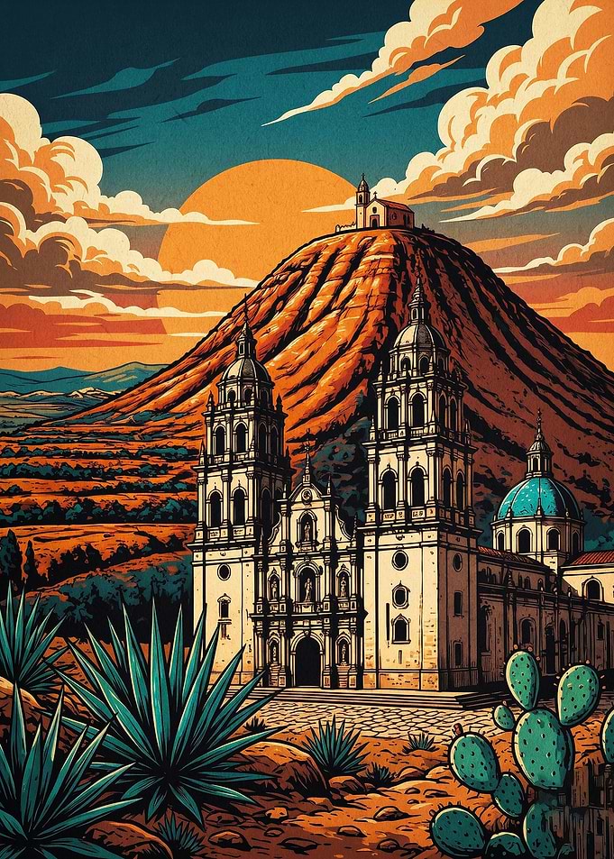Mexico Cathedral Retro Travel Art