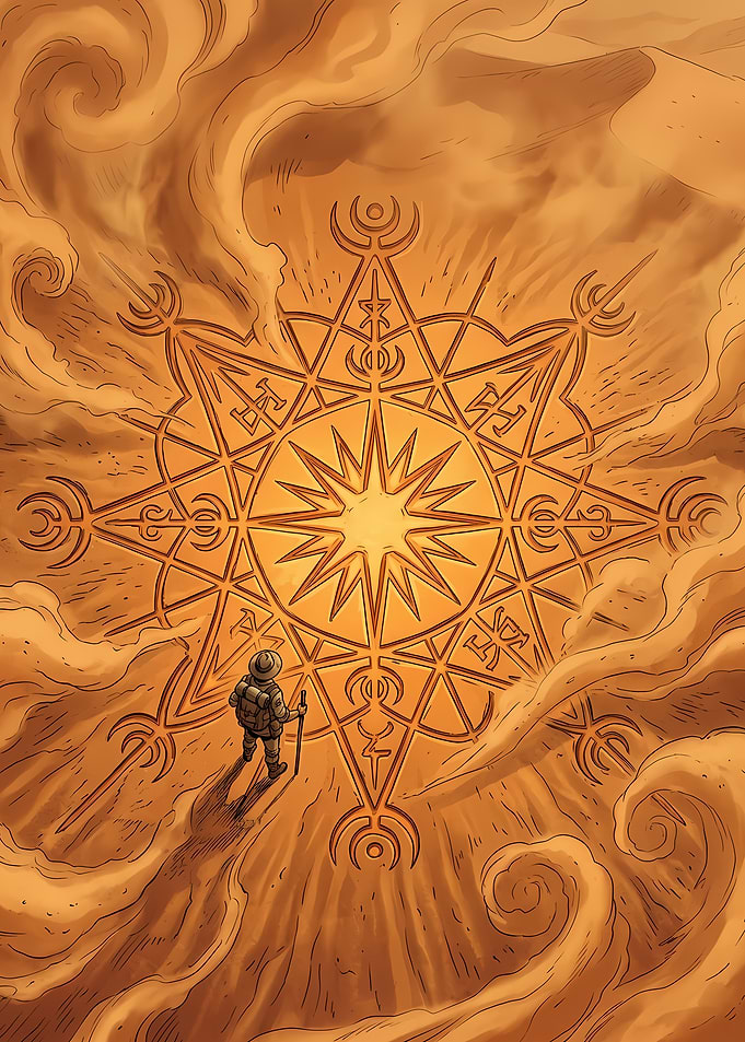 Explorer Facing Ancient Desert Rune